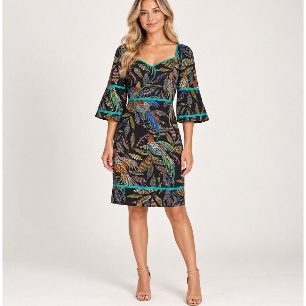 Vince Camuto Women's Cotton Leaf Print Piped Trim Dress Size 10 Black Multicolor